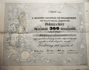 Jszbernyi Bortermelk Els Pinczeszvetkezete Mint Rszvnytrsasg Jszbernyben rszvny 300 korona 1918