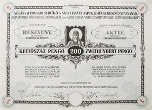 Kbnyai Polgri Serfz s Szent Istvn Tpszermvek  Rszvnytrsasg rszvny 200 peng 1940