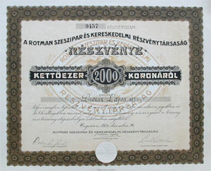 Rotman Szeszipar s Kereskedelmi Rszvnytrsasg rszvny 2000 korona 1921 Ungvr
