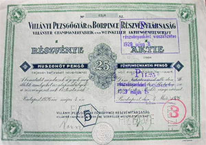 Villnyi Pezsggyr s Borpince Rszvnytrsasg rszvny 25 peng 1926