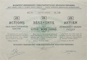Budapest Warnsdorfi Pamutszvetgyr Rszvnytrsasg 25x200 korona 1923