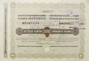 Egyeslt Wernstadti s Gyri Textilipar Rszvnytrsasg rszvny 200 korona 1916