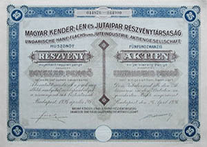 Magyar Kender-, Len- s Jutaipar Rszvnytrsasg rszvny 25x40 peng 1926