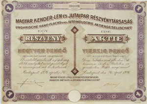 Magyar Kender-, Len- s Jutaipar Rszvnytrsasg rszvny 40 peng 1926