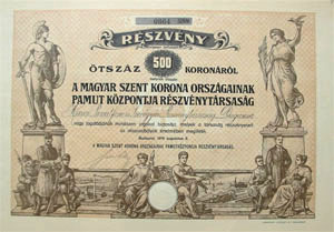 Magyar Szent Korona Orszgainak Pamutkzpontja  Rszvnytrsasg 500 korona 1916