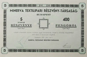 Minerva Textilipari Rszvnytrsasg rszvny 400 peng 1932