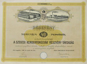 Szegedi Kenderfongyr Rszvnytrsasg rszvny 40 peng 1940