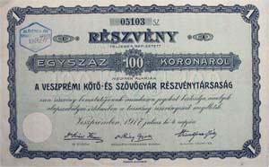 Veszprmi Kt- s Szvgyr Rszvnytrsasg rszvny 100 korona 1917
