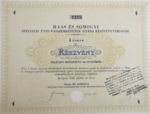 Haas s Somogyi Specilis veg-Vasszerkezetek Gyra Rszvnytrsasg rszvny 50 peng 1946