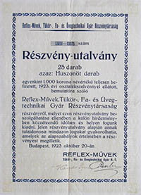 Reflex-Mvek Tkr-, Fa- s vegtechnikai Gyr Rszvnytrsasg rszvny-utalvny 25x1000 korona 1923