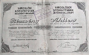 Vrosldi Kednygyr Rszvnytrsasg rszvny 10x1000 korona 1920