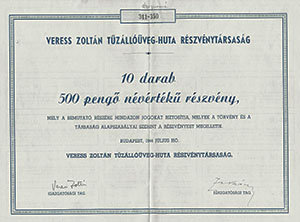 Veress Zoltn Tzllveg-Huta Rszvnytrsasg rszvny 10x500 peng 1944