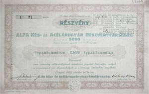 Alfa Ks- s Aclrugyr Rszvnytrsasg rszvny 125000 korona 1923 Szeged