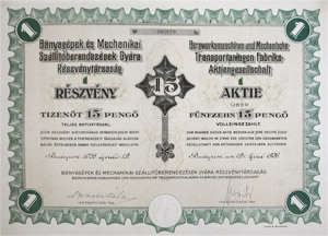 Bnyagpek s Mechanikai Szlltberendezsek Gyra Rszvnytrsasg rszvny 15 peng 1926