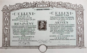 Cellini Ezst- s Fmrugyr Rszvnytrsasg rszvny 25x500 12500 korona 1923