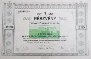 Debreceni Vas- s Rzbtorgyr Rszvnytrsasg rszvny 12 peng 50 fillr 1926 Debrecen
