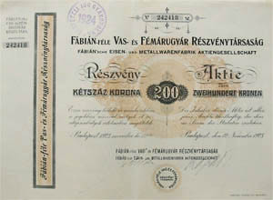 Fbin-fle Vas- s Fmrugyr Rszvnytrsasg rszvny 200 korona 1923