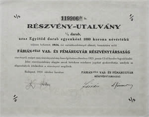Fbin-fle Vas- s Fmrugyr Rszvnytrsasg rszvny-utalvny 1000 korona 1924