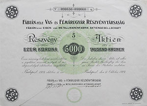 Fbin-fle Vas- s Fmrugyr Rszvnytrsasg rszvny 5x1000 5000 korona 1924