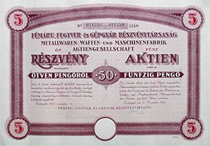 Fmru-, Fegyver- s Gpgyr Rszvnytrsasg rszvny 5 x 50 peng 1935