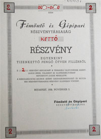 Fmnt s Gpipari Rszvnytrsasg rszvny 12 peng 50 fillr 1938