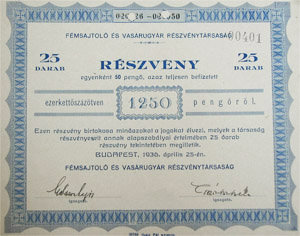 Fmsajtol s Vasrugyr Rszvnytrsasg rszvny 25x50 1250 peng 1936