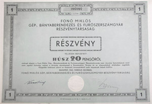 Fon Mikls Gp-, Bnyaberendezs s Furszerszmgyr Rszvnytrsasg rszvny 20 peng 1943