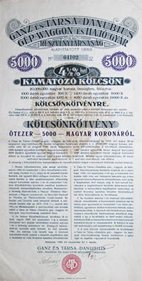Ganz s Trsa Danubius Gp-, Waggon- s Hajgyr Rszvnytrsasg 5000 korona 1920