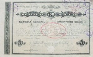 Grf Csky Lszl Prakfalvi Vas- s Aclgyr Rszvnytrsasg rszvny 200 korona 1917
