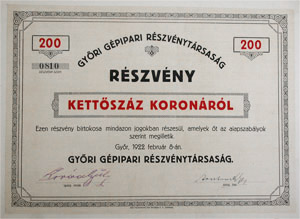 Gyri Gpipari Rszvnytrsasg rszvny 200 korona 1922 Gyr