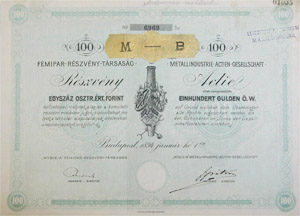 Hygieia Fmipar Rszvnytrsasg rszvny 100 forint 1894