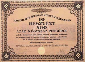 Magyar Aclrugyr Rszvnytrsasg rszvny 10x40 400 peng 1928