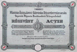 Magyar ltalnos Gpgyr Rszvnytrsasg rszvny 10 peng 1926