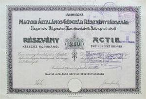 Magyar ltalnos Gpgyr Rszvnytrsasg rszvny 200 korona 1915
