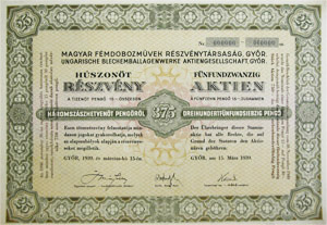 Magyar Fmdobozmvek Rszvnytrsasg rszvny 25x15 375 peng 1939 Gyr