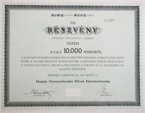 Magyar Finommechanikai Mvek Rszvnytrsasg rszvny 10000 peng 1944 Budapest-Albertfalva