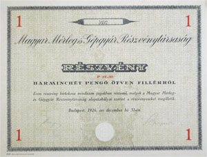 Magyar Mrleg-s Gpgyr Rszvnytrsasg rszvny 37 peng 50 fillr 1926