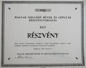 Magyar Szellz Mvek s Gpgyr Rszvnytrsasg rszvny 1941