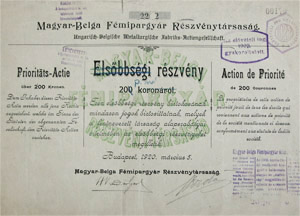 Magyar-Belga Fmipargyr Rszvnytrsasg elsbbsgi rszvny 200 korona 1920