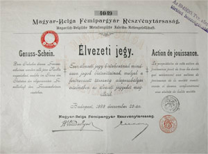 Magyar-Belga Fmipargyr Rszvnytrsasg lvezeti jegy 1898