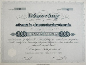 Mszaki s Gpipari Rszvnytrsasg rszvny 200 korona 1910
