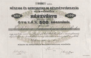 Mszaki s Kereskedelmi Rszvnytrsasg rszvny 500 korona 1920 Kiskrs