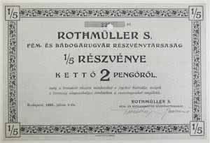 Rothmller S. Fm- s Bdogrugyr Rszvnytrsasg 1/5 rszvny 2 peng 1938
