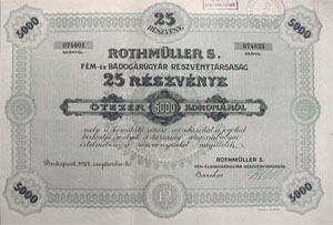 Rothmller S. Fm- s Bdogrugyr Rszvnytrsasg rszvny 25x200 5000 korona 1921