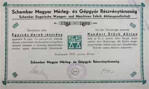 Schember Magyar Mrleg- s Gpgyr Rszvnytrsasg rszvny 100x10 1000 peng 1937