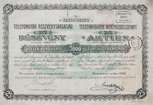 Telefongyr Rszvnytrsasg rszvny 5000 korona 1920