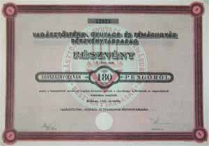 Vadsztltny-, Gyutacs- s Fmrugyr Rszvnytrsasg rszvny 180 peng 1943