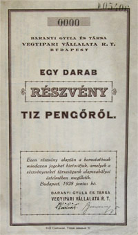 Baranyai Gyula s Trsa Vegyipari Vllalat Rszvnytrsasg rszvny 10 pengo 1928