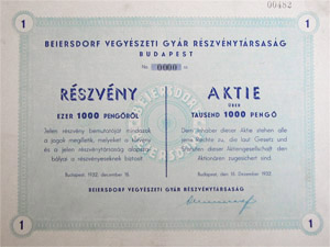 Beiersdorf Vegyszeti Gyr Rszvnytrsasg rszvny 1000 peng 1932