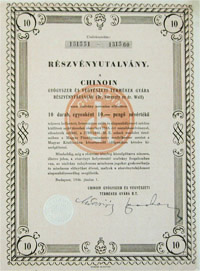 Chinoin Gygyszer s Vegyszeti Termkek Gyra Rszvnytrsasg rszvnyutalvny 10x10 100 peng 1946